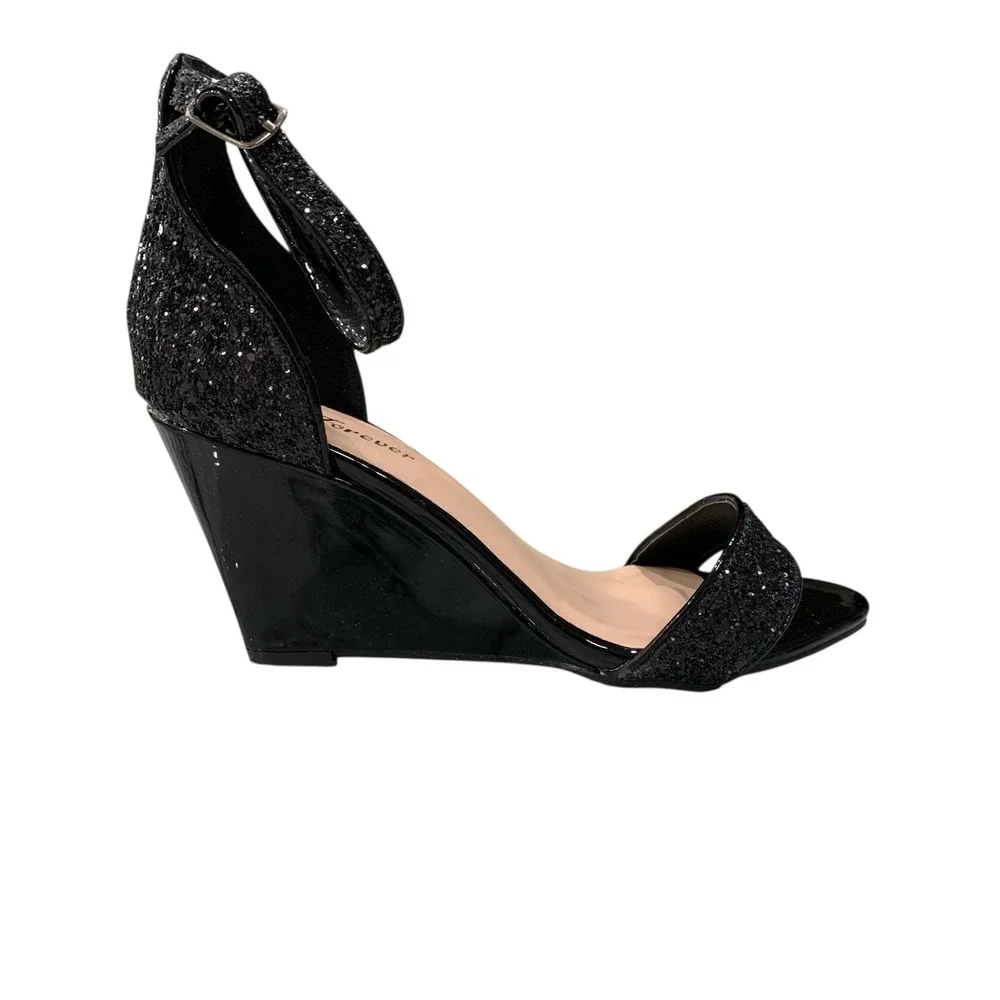 Forever Ashlyn-18 Black Glitter Wedge Sandals Ankle‎ Strap Heels 7.5 New